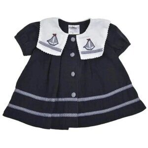 Vintage Dress Sailor Navy Blue White Short Sleeve Nautical Boat 12M
